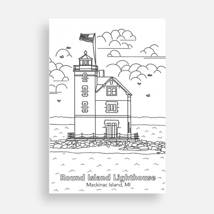 Coloring Postcard - Round Island Lighthouse for wholesale by Mackinac Memories