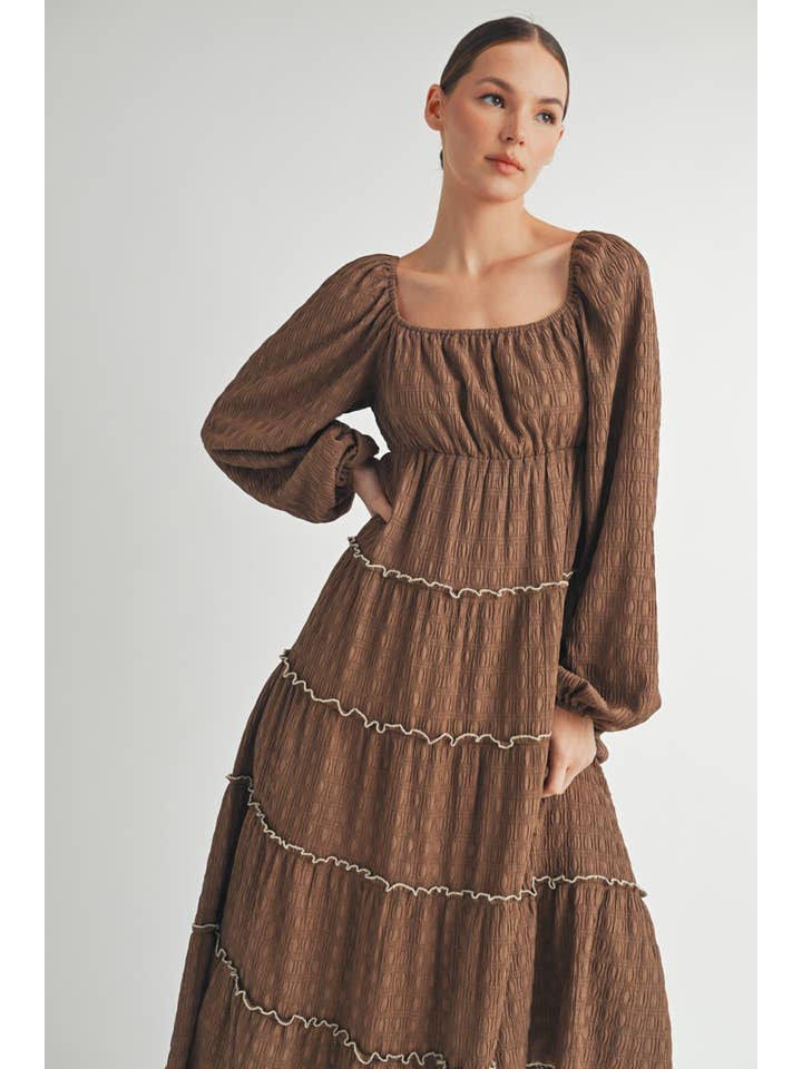 Marrone Vestito midi a balze a maniche lunghe con texture - Marrone in vendita all'ingrosso su Faire12
