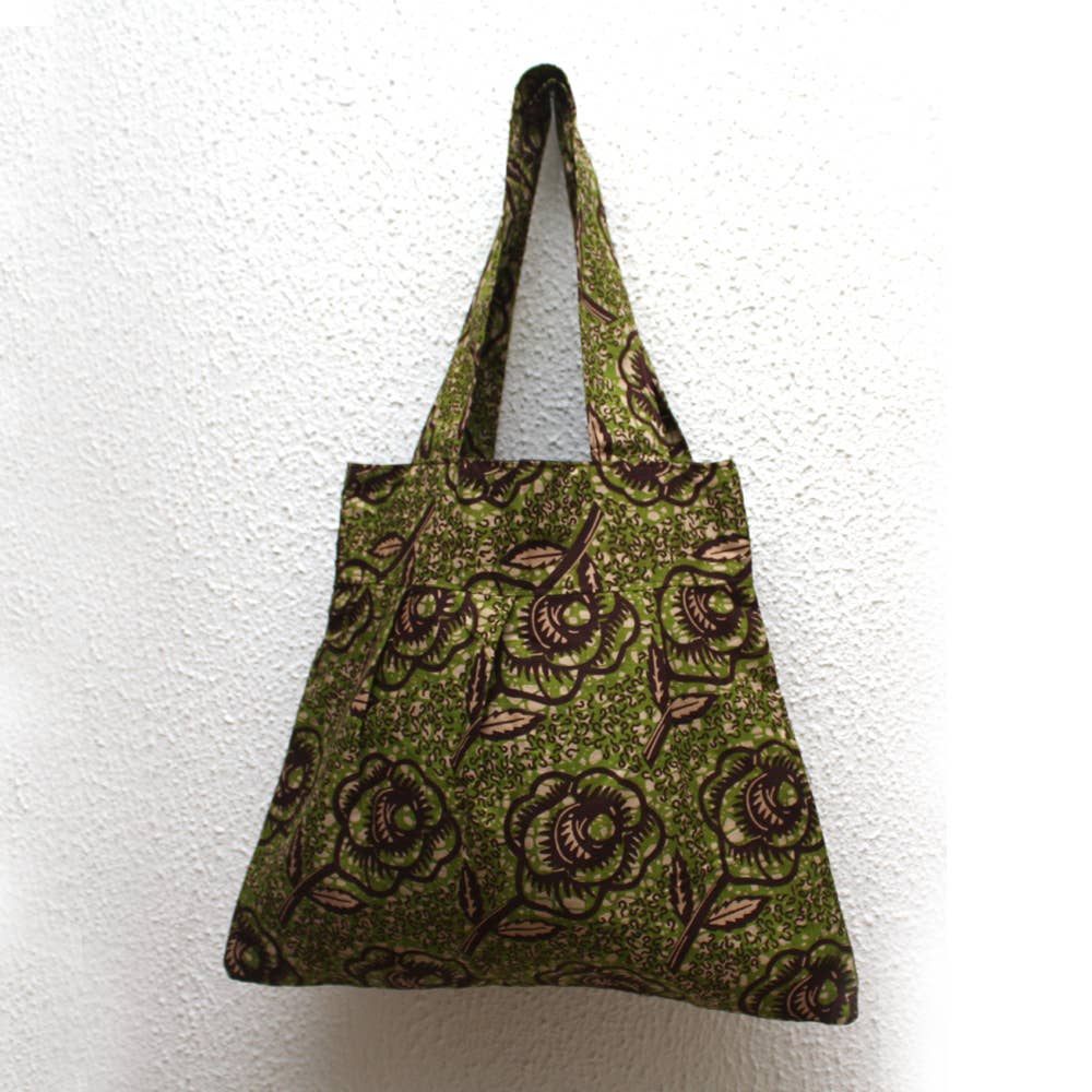 Urbanknit - Wholesale Tote Bag - Women's - African print pleated tote- Green and Brown1