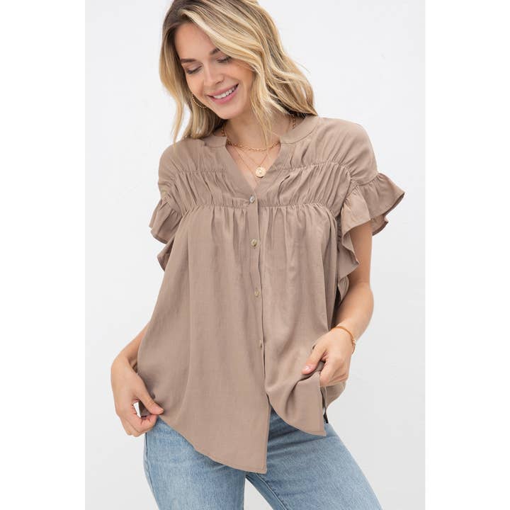 V Neck Woven Button Down Ruffle Sleeve Top for wholesale by Cozy Casual, Inc.