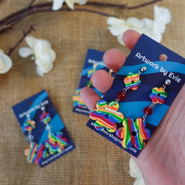 Groovy Rainbow Polymer Clay Flower Earrings – Retro Chic Handmade Jewelry for wholesale by Two Cats Creatives