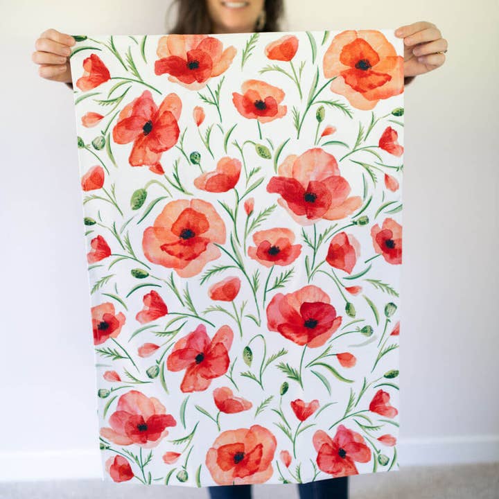 Watercolor Wednesday - Wholesale Tea Towel - Red Poppy Tea Towel | Watercolor Wildflower Kitchen Towel