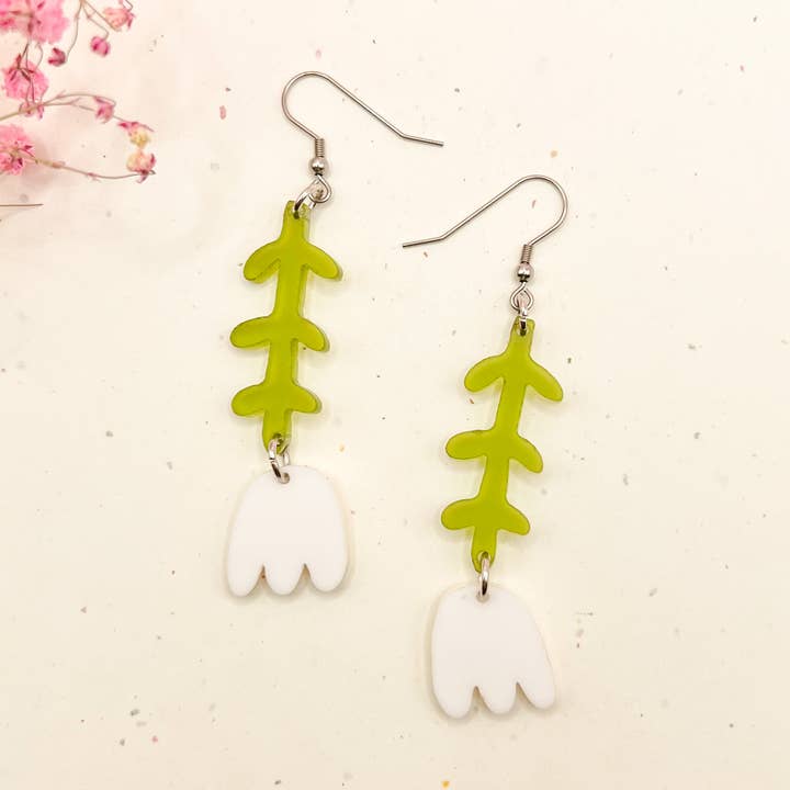 (Green/White) Tulip Wild Flower Charm Acrylic Earrings for wholesale by Hoity Toity Goods
