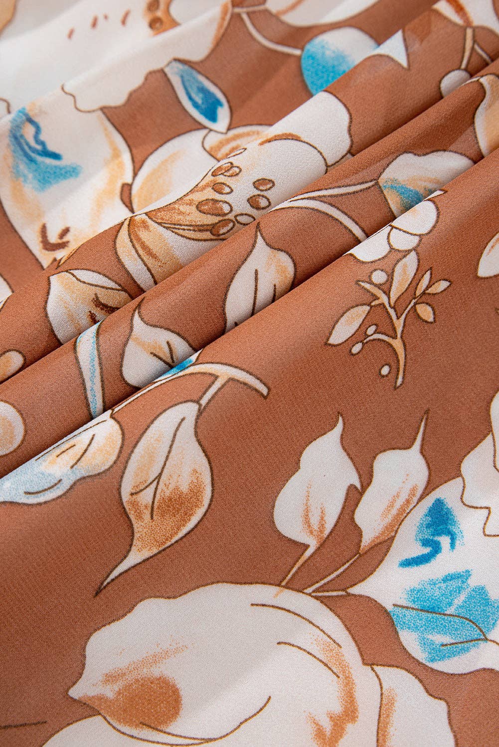 Marron Robe longue fleurie à col carré froncé en vente sur Faire8