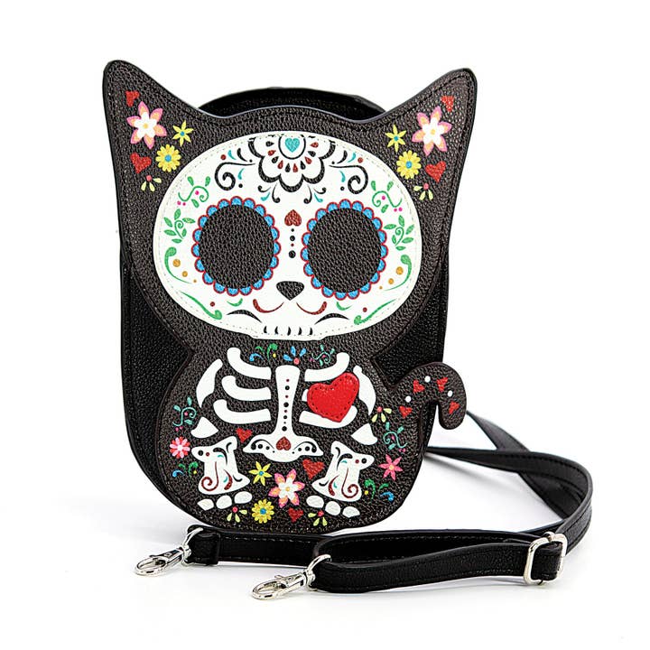 Floral Sugar Skull Cat Shoulder Crossbody Bag for wholesale by COMECO INC