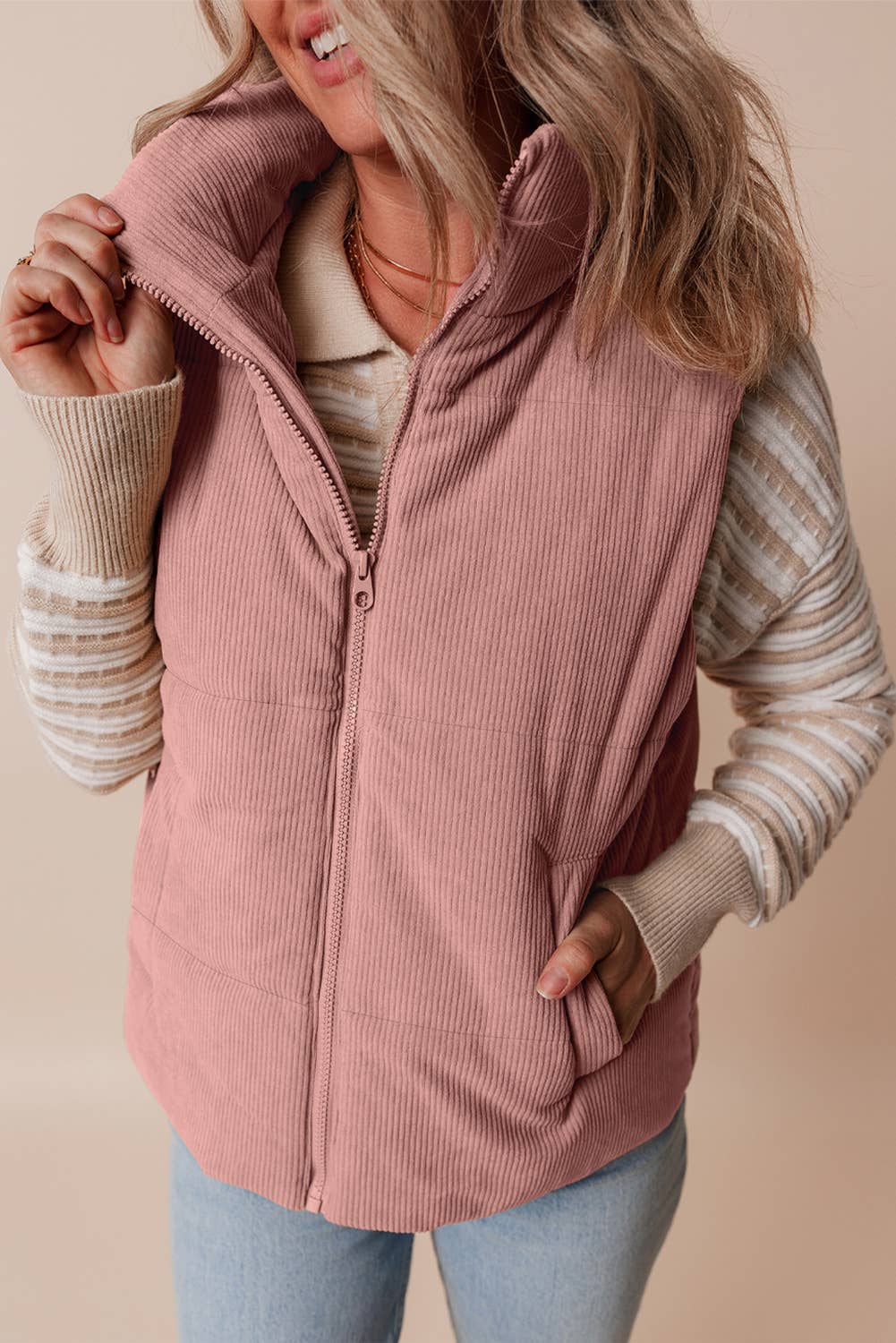 1 the Woman - Wholesale Outerwear Vest - Women's - Corduroy Stand Neck Zipped Puffer Vest5