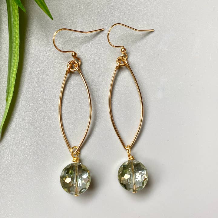 Olive Green Gold Crystal Drop Earrings for wholesale by Marble Designs Jewelry