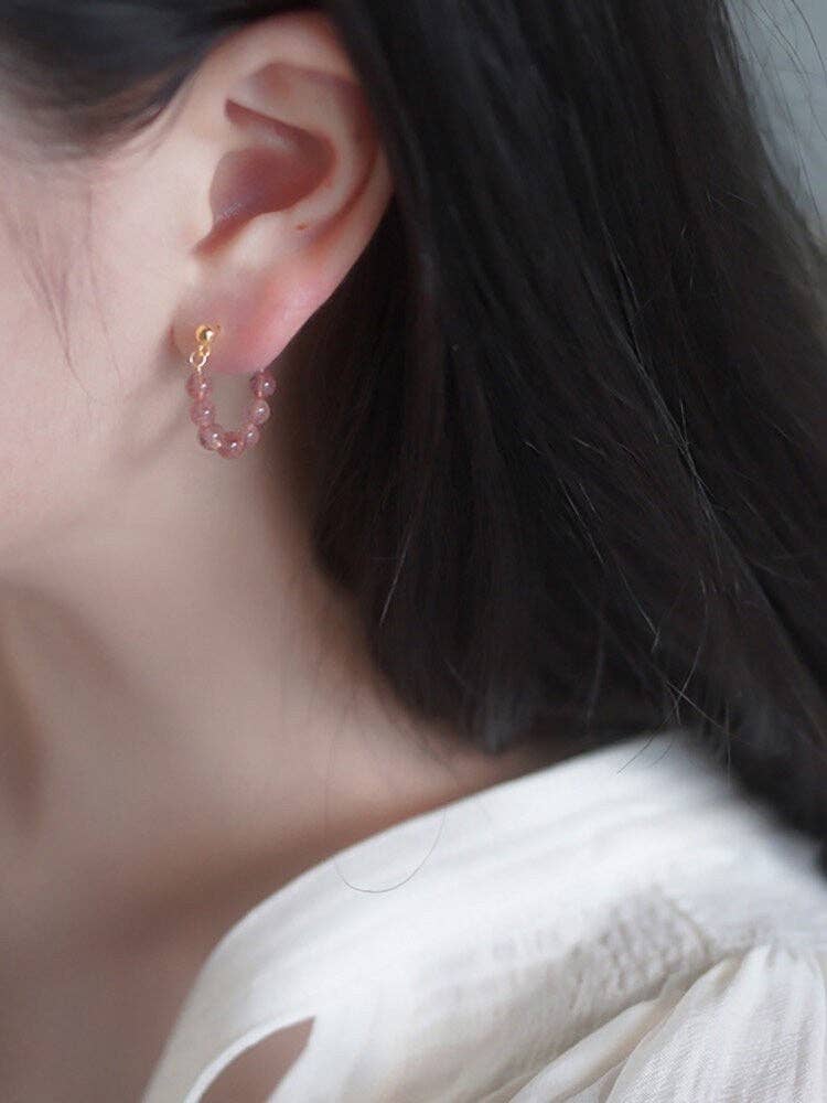 Haengseongworkshop - Wholesale Dangle Earrings - 18k Gold Plated AAA Natural Strawberry Quartz 4mm Round Beads Earrings2