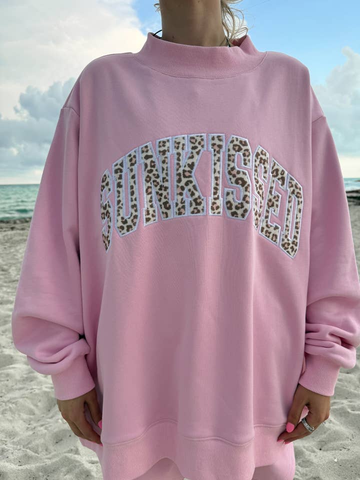 Bubblegum Pink Cheetah Print Varsity Sunkissed Embroidered Mockneck Sweatshirt 100% Cotton for wholesale on Faire