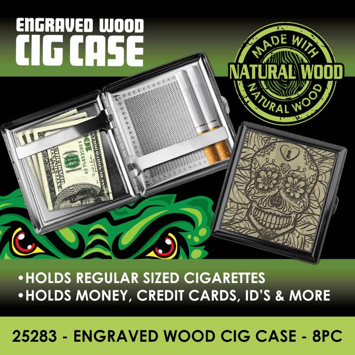 Novelty Brands - Wholesale Humidor/Cigar Accessory - Engraved Wood Cigarette Case Assortment- 8/Display