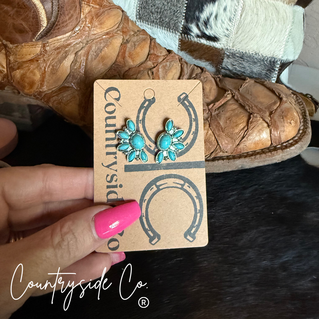 Texas Western Cowhide Bags and More - Wholesale Stud/Post Earrings -  Flower Burst Turquoise Earring1