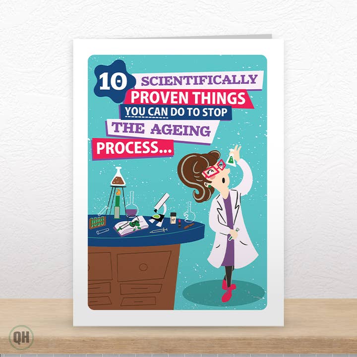 10 Funny Science Tips to Stop Ageing – Cartoon Card for wholesale by Quitting Hollywood