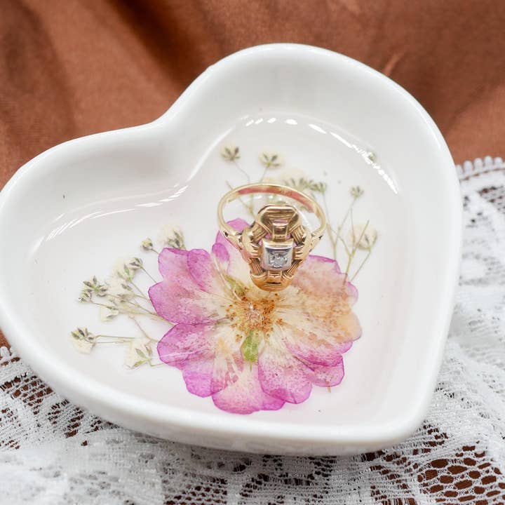 Floral Ceramic Ring Dish, Heart Shape, Pressed Rose (3.75 inch) for wholesale by Remedy Designs