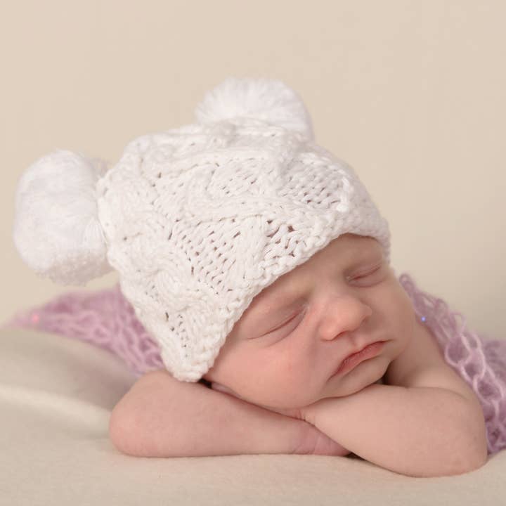 Huggalugs - Wholesale Newborn/Knit Hat - Baby - Newborn Baby Aran White Double Pom Pom Beanie Hat