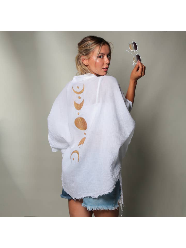 Moa - Wholesale Kimono - Women's - White Crinkle Moon Phases Muslin Kimono Robe / Poncho