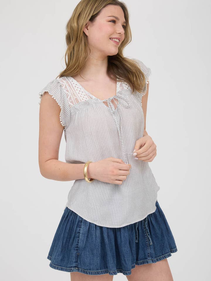 Blu Pepper - Wholesale Blouse - Women's - STRIPE LACE YOKE FRONT TIE SHORT SLEEVE TOP2