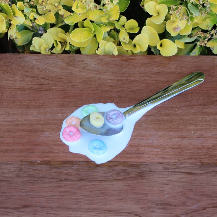 Just Dough It! Fake Foods - Wholesale Decorative Tabletop Object - Spoon in Fruit Loops Cereal and Fake Milk Spill
