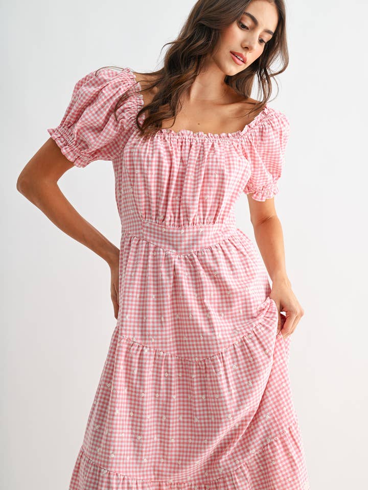 CD10235E Gingham Square Neck Midi Dress with Puff Sleeves for wholesale by Camellia