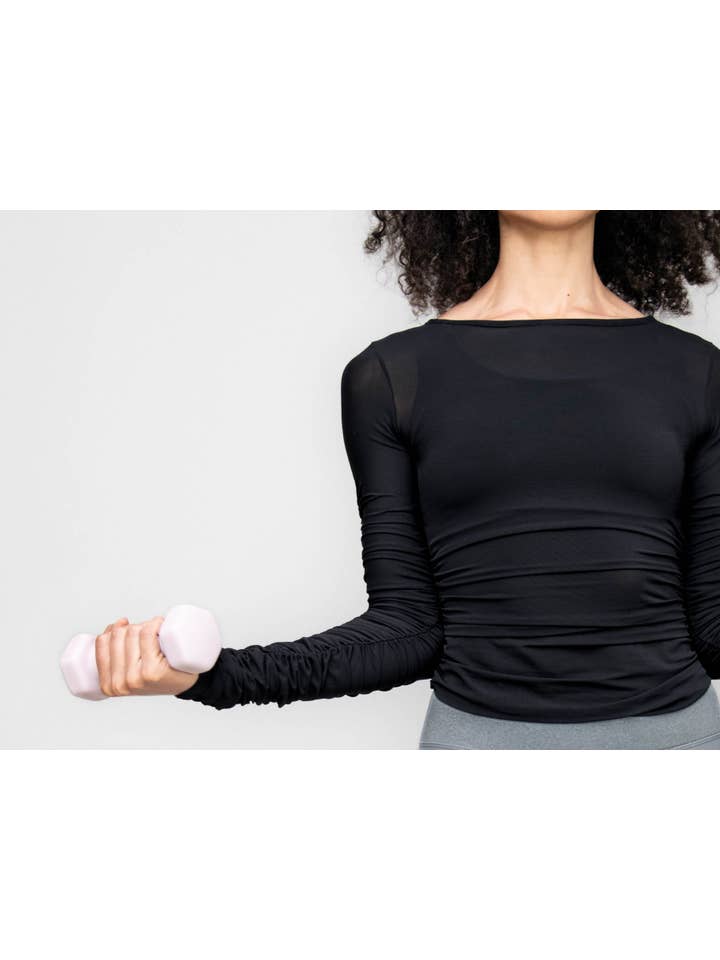 Body Wrappers – wholesale Sportöverdel – Dam – LÅNGÄRMAD ROUCHED MESH TOPP MED BATEAU URRINGNING CZJ253