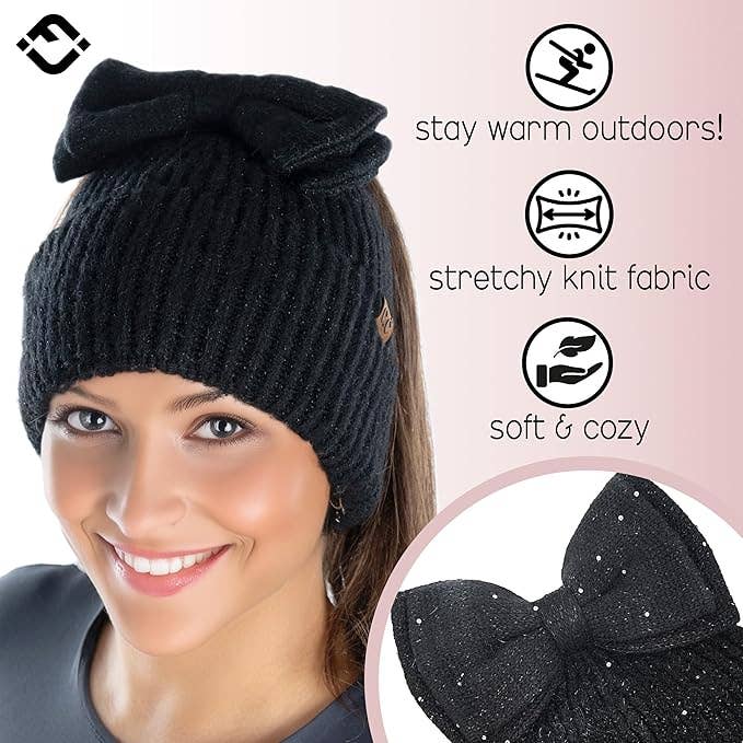 Funky Junque – wholesale Mössa - Dam – Paljetthästsvansmössa med topp rosett - svart2