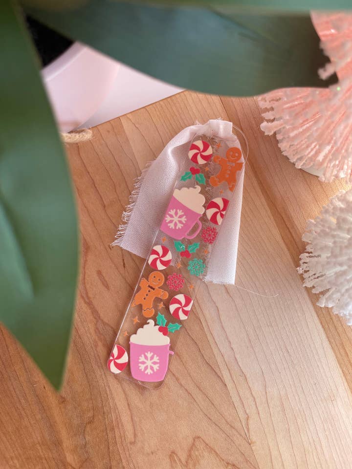 Cute Gingerbread Cookies and Hot Cocoa Clear Acrylic Bookmark with Chiffon Ribbon for wholesale by DesignedbyKendal
