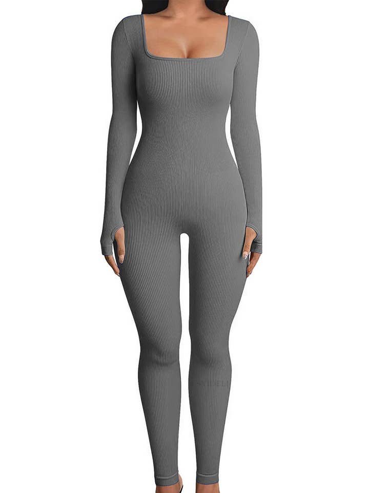 Color 5 - Wholesale Jumpsuit - Women's - Solid gray color seamless ribbed long sleeve jumpsuit3