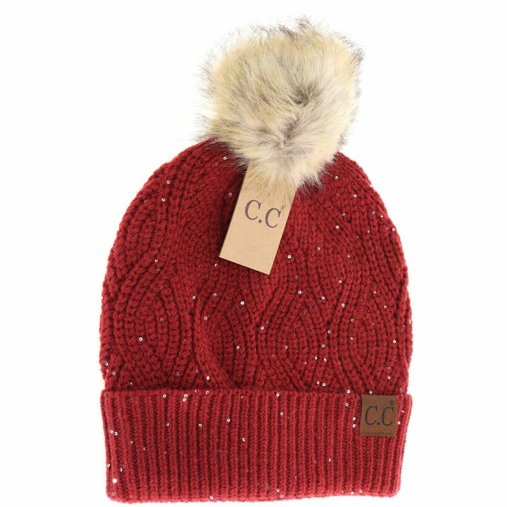 C.C Beanie - Wholesale Beanie - Women's - Sequin Brioche Cable Knit Fur Pom C.C Beanie HAT20733