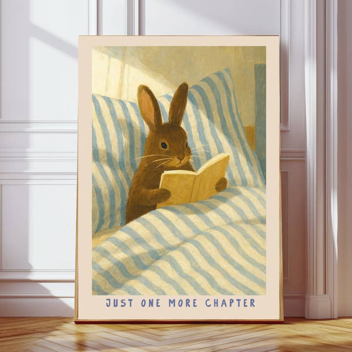 Just One More Chapter Bunny Rabbit Book Art Print for wholesale by Kumo Art Prints