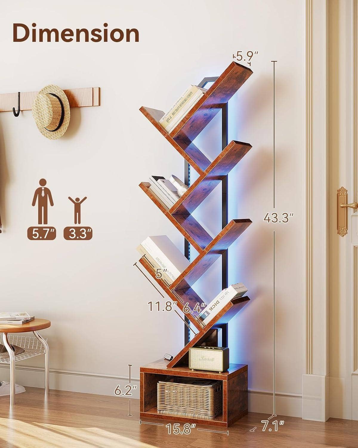 Vintage Six Tier Tree Bookshelf With LED Lights Narrow Floorstanding for wholesale on Faire2