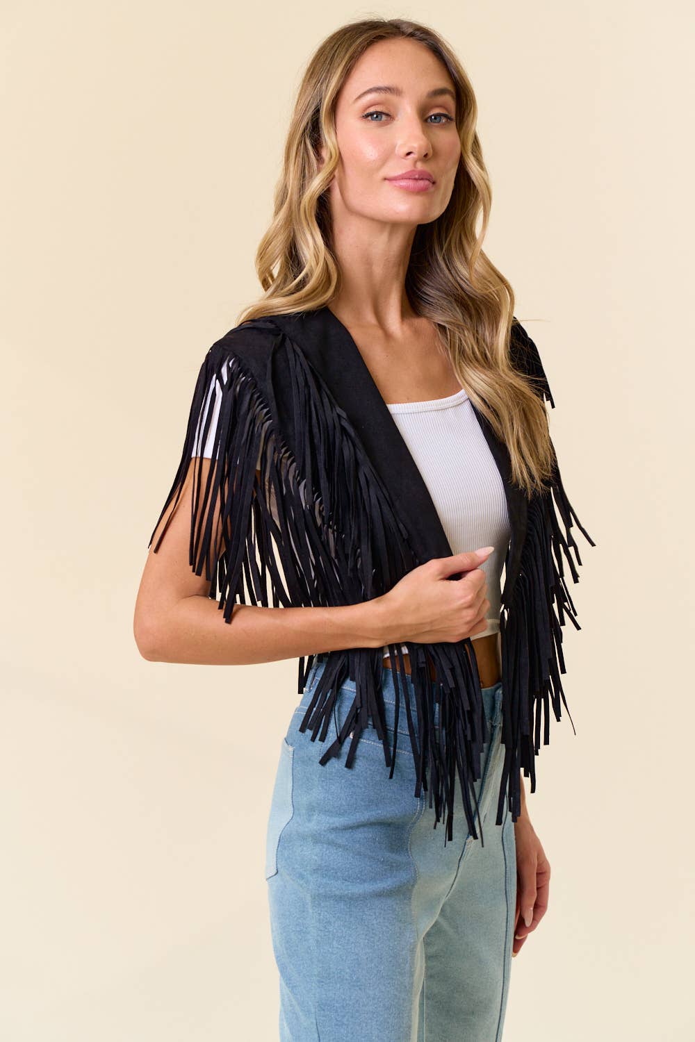 Saints & Hearts - Wholesale Outerwear Vest - Women's - SIJ5247A BLACK TRENDY WESTERN FRINGE SUEDE COLLAR / SHRUG3