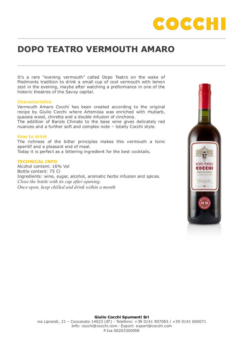 Metina SAS - Wholesale Champagne/mousserende wijn - Na Teatro Amaro Vermouth in Turijn Cocchi 75 cl.2