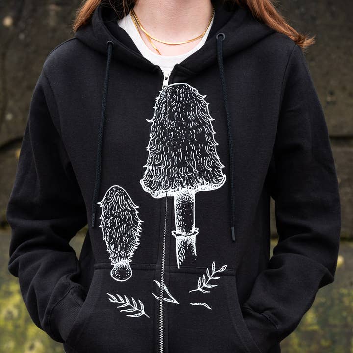 Shaggy Mane Mushroom Black Zip Hooded Sweatshirt for wholesale by Feather & Fox Print Co.