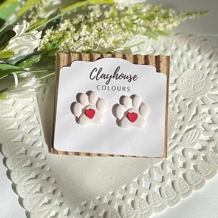 Clayhouse Colours - Wholesale Stud/Post Earrings - Paw Print Heart Clay Studs2