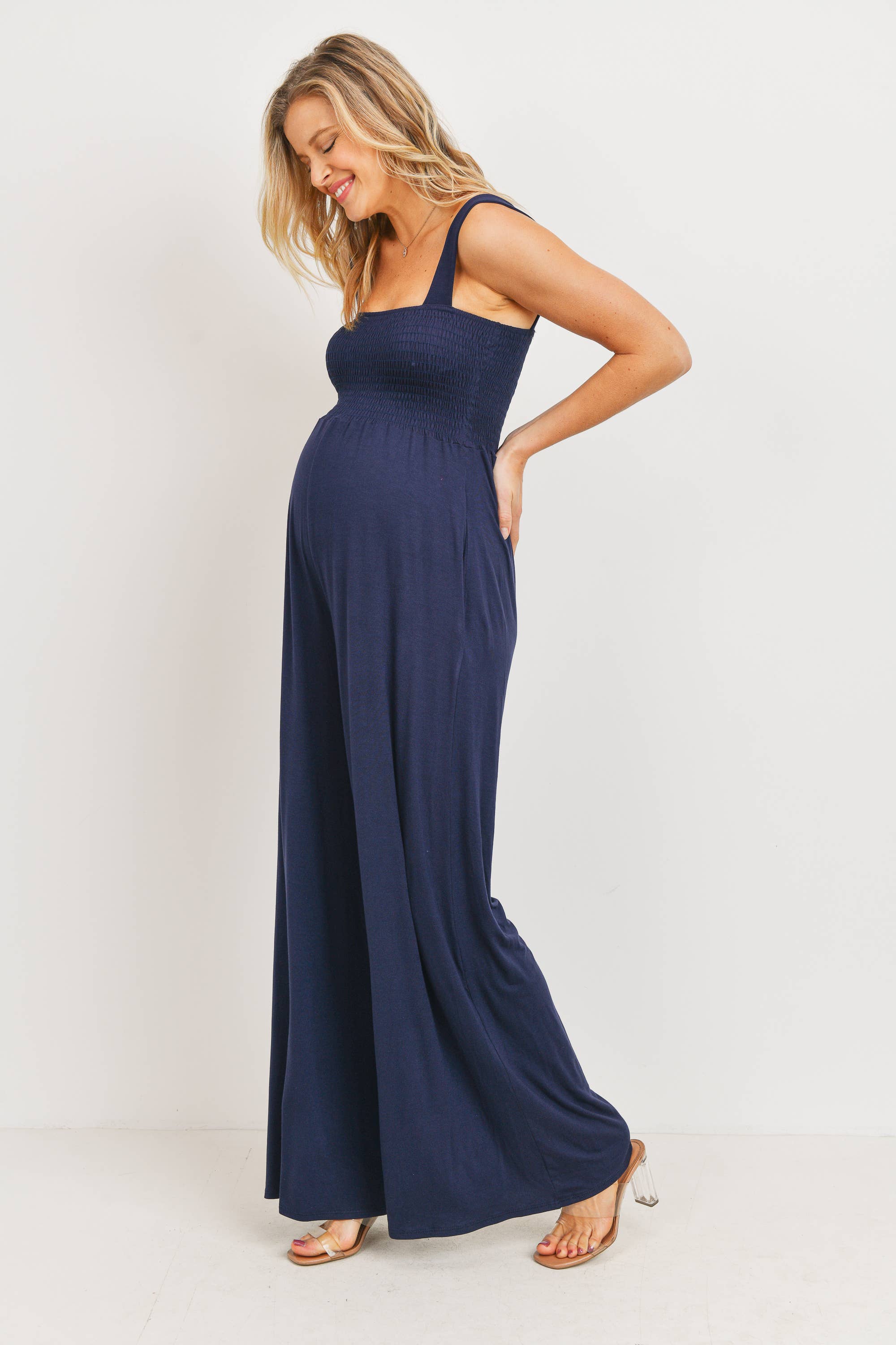 Hello Miz - Wholesale Lounge Romper - Maternity - Sleeveless Smocked Maternity Wide Leg Jumpsuit 7