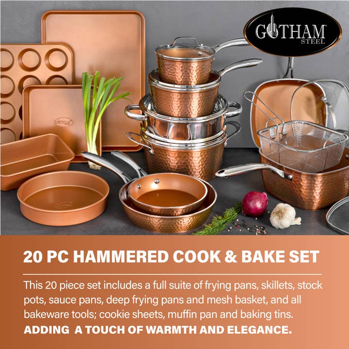 Gotham Steel/Granitestone - Wholesale Cookware Set - Gotham Steel Hammered Copper 20-Piece Cookware, Bakeware Set