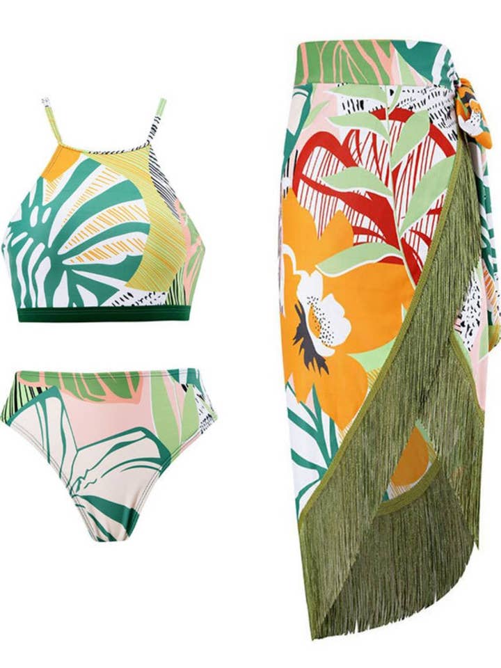 Ladies Floral Tassels Bikini Set with Cover SKSW40137 for wholesale by Sweetkama