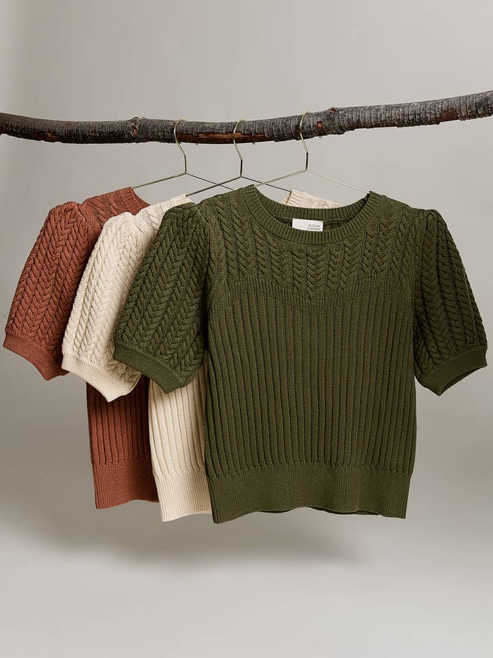 Sunday Edition by LE LIS - Wholesale Knit Sweater - Women's - ROUND NECK PUFF SHORT SLEEVE CABLE SWEATER6