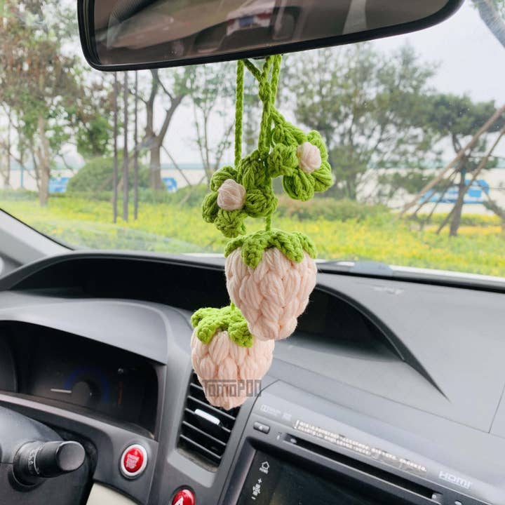 Cute Crochet Strawberry & Flower Car Mirror Hanging Ornament for wholesale by TOMOPOD LLC