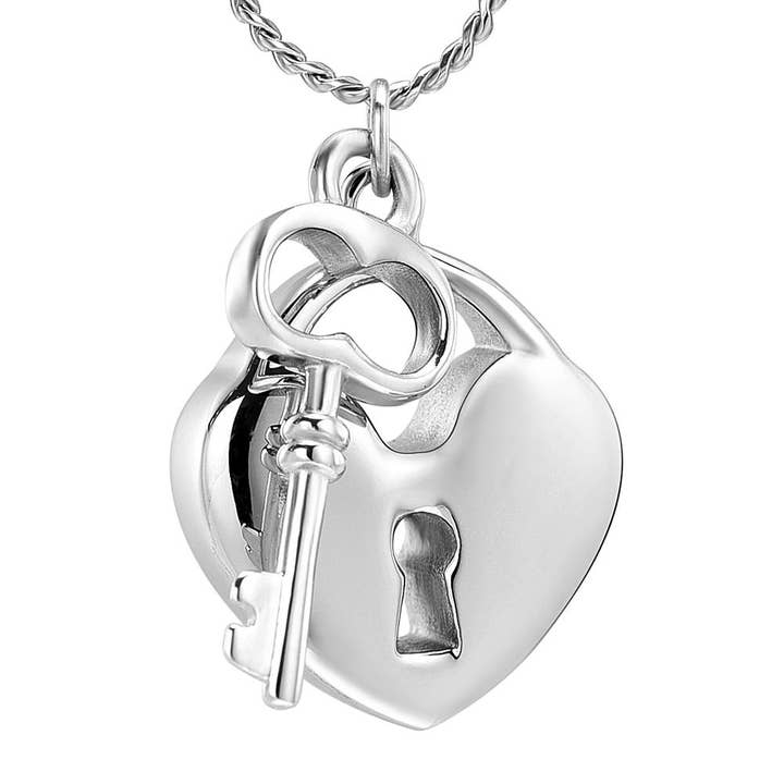 Silver Heart Shaped Lock & Key Charm Cremation Urn Necklace for wholesale by Cherished Emblems