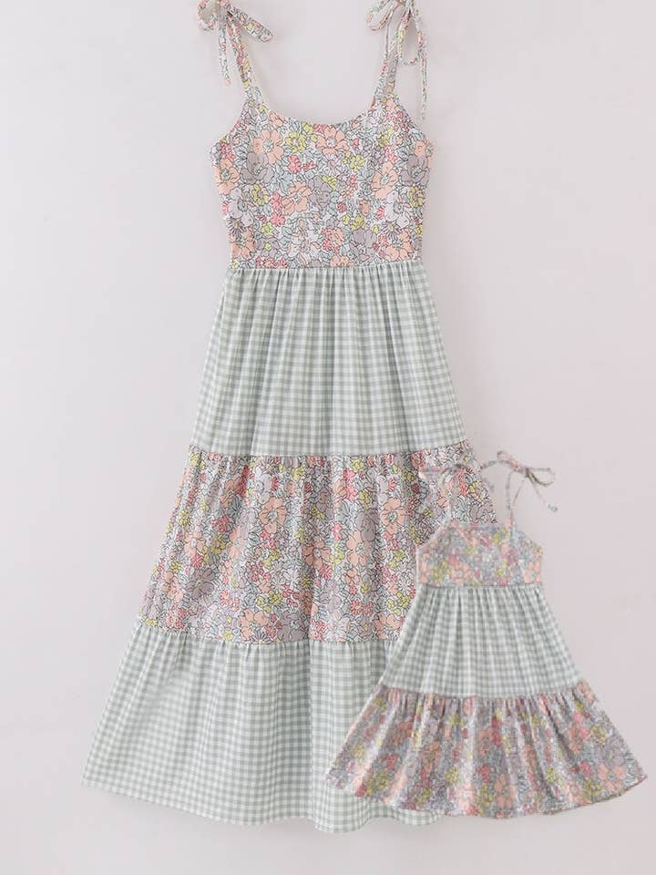 Sage pastel floral harmony mom&me gingham dress for wholesale by Mom & Co.