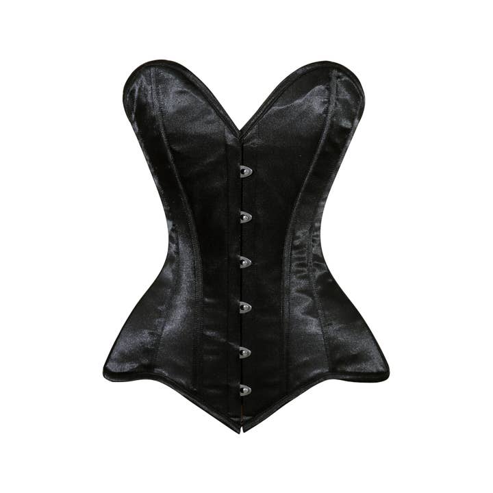 Lavish Black Satin Overbust Corset Sweetheart Neckline Busk Closure for wholesale by Daisy Corsets