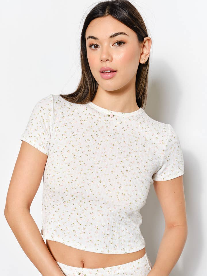 Pretty Garbage - Wholesale T-Shirt - Women's - FLORAL PRINT POINTELLE KNIT BABY TEE
