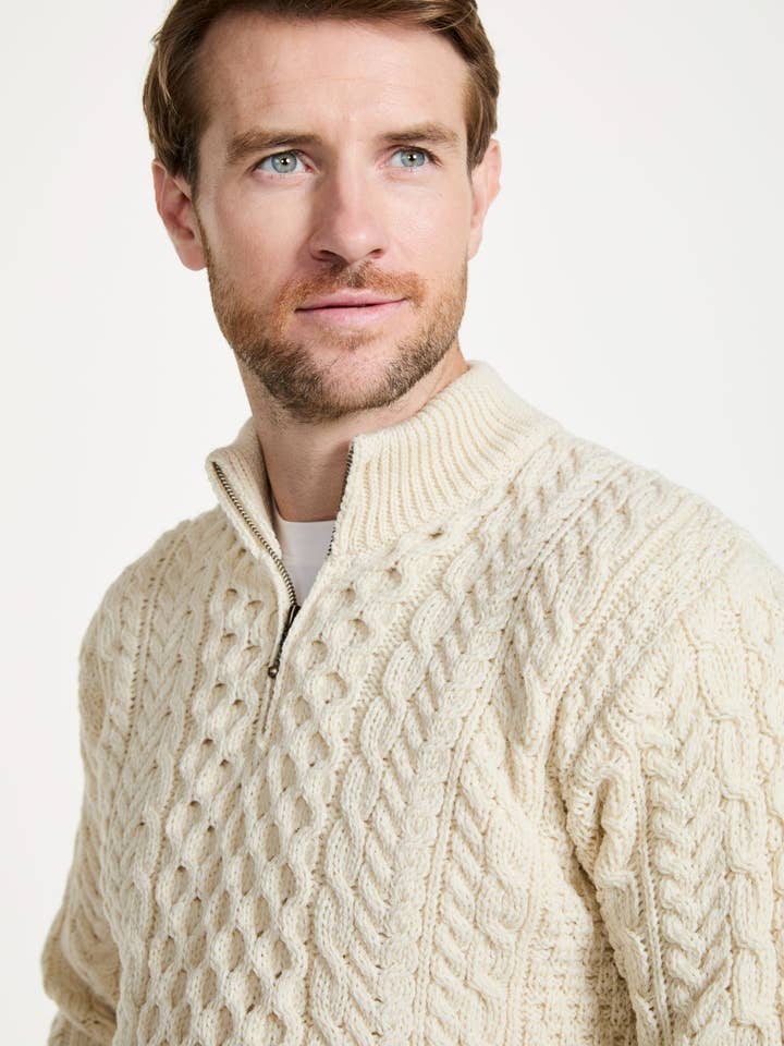 Ballycroy Mens Merino Aran Half Zip Sweater - Cream for wholesale by Aran Woollen Mills