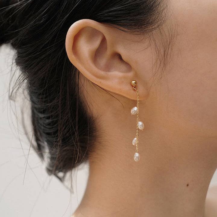 Haengseongworkshop - Wholesale Dangle earrings - 18k Gold Plated/ Surgical Steel Stud 4mm Oval Rice Pearls Flora Style Earrings 4.5-5cm