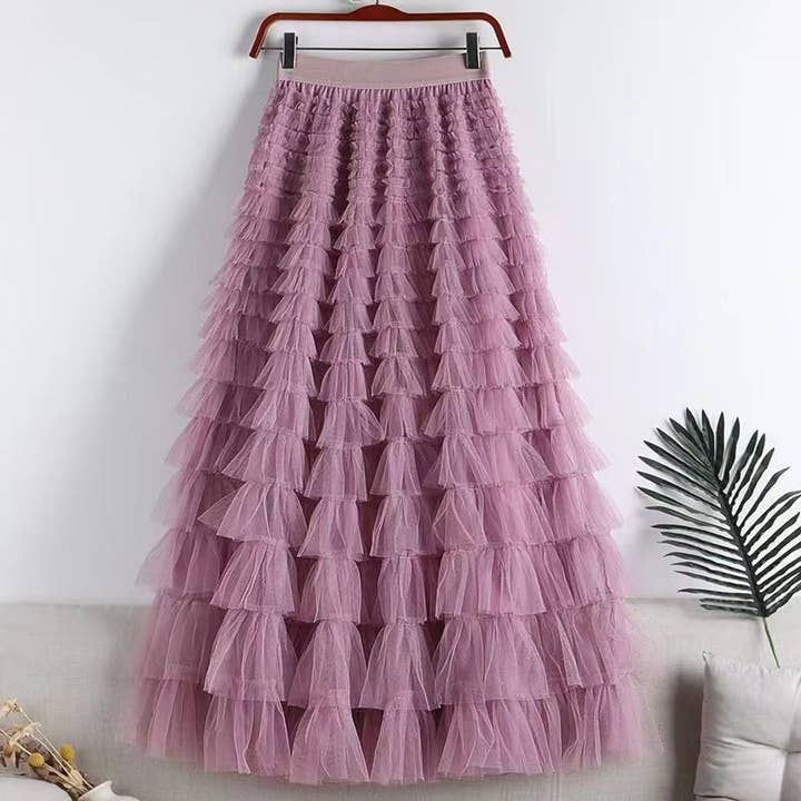 FurDecoration - Wholesale Skirt – Women’s - Solid Color Organza Ruffle Hem Midi Skirt1