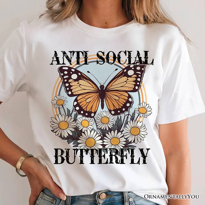 Anti Social Butterfly T-Shirt, Retro White and Natural Tee for wholesale by OrnamentallyYou