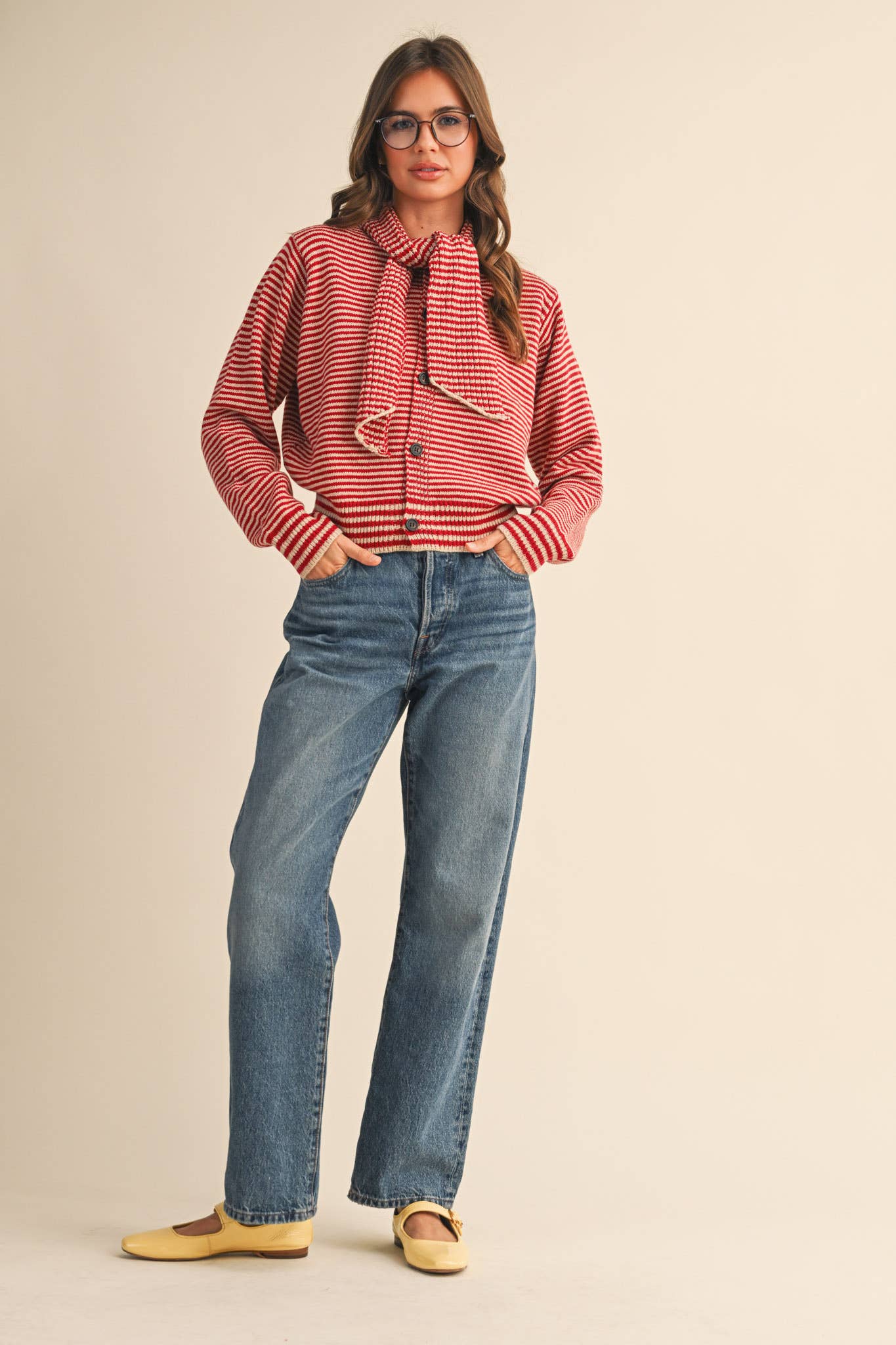 &MERCI - Wholesale Knit Sweater - Women's - STRIPED TYING NECK SWEATER CARDIGAN MSW1112518