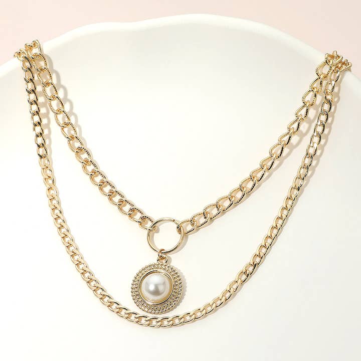 Pearl Pendant Accent Layered Chain Necklace for wholesale by Sensibling Corp.
