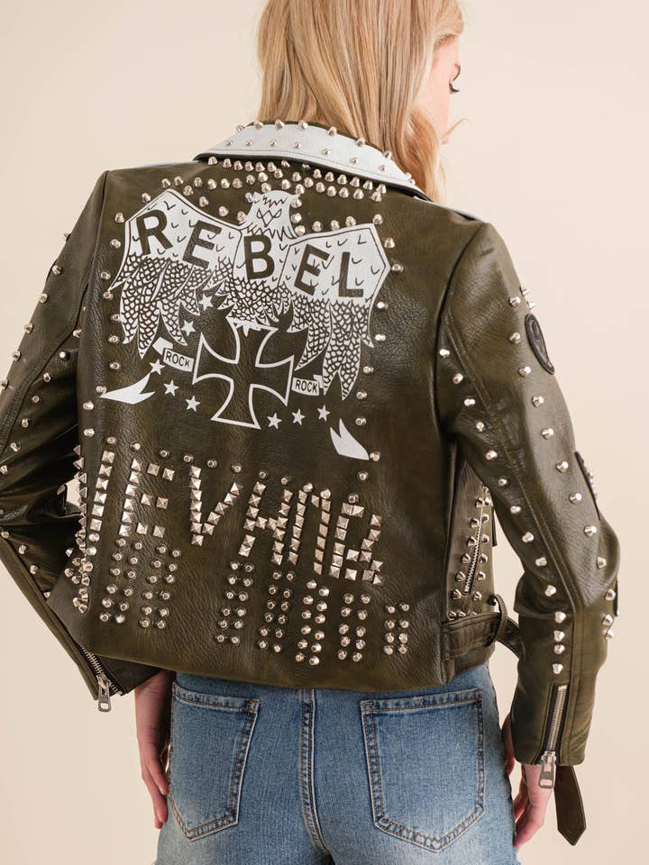 OLIVE 17647J - Faux Leather Spike Rebel Back Moto Zip Up Jacket for wholesale on Faire