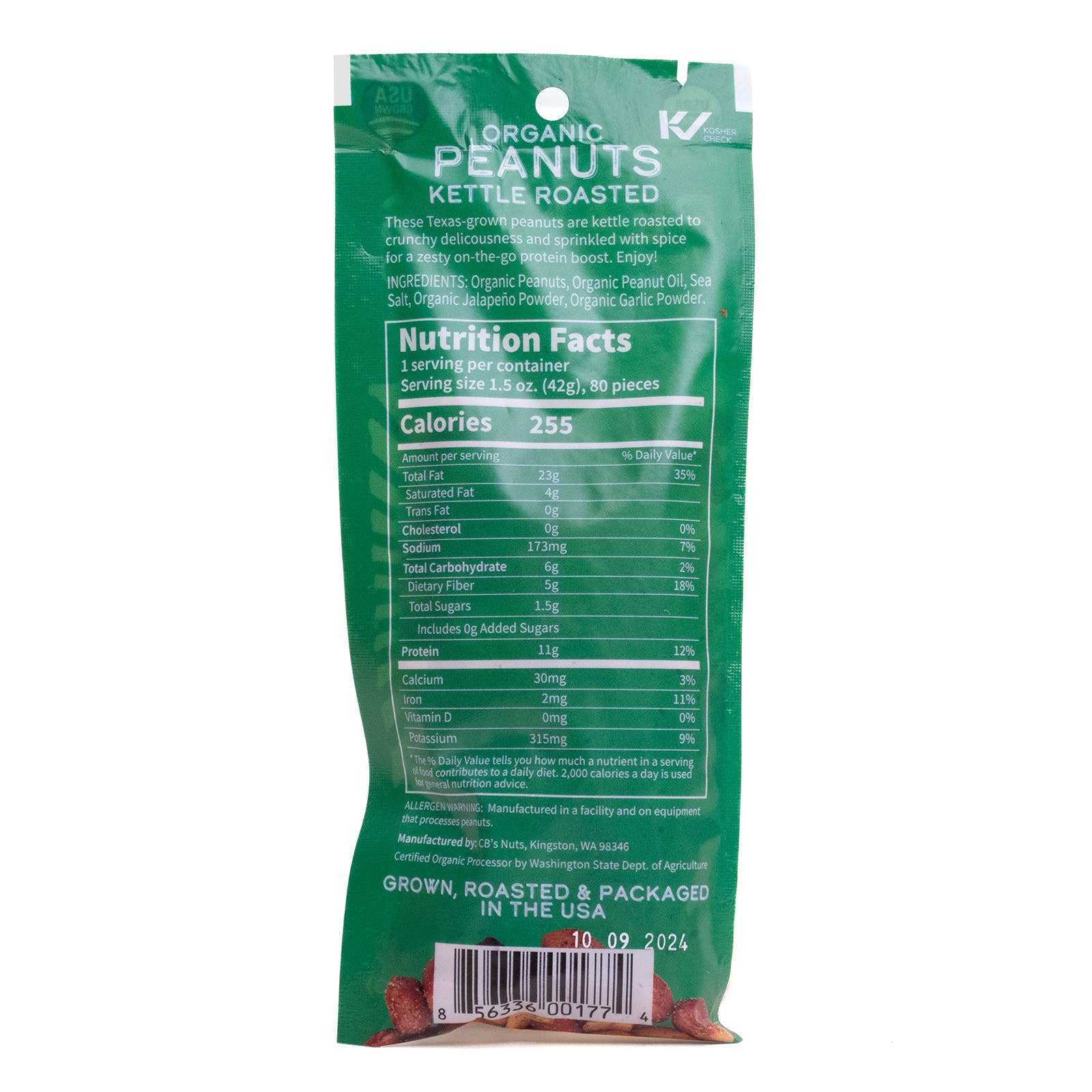 CB's Nuts – Engroshandel Nødder – 1,5 oz økologiske kedelristede jordnødder - Jalapeno - 121